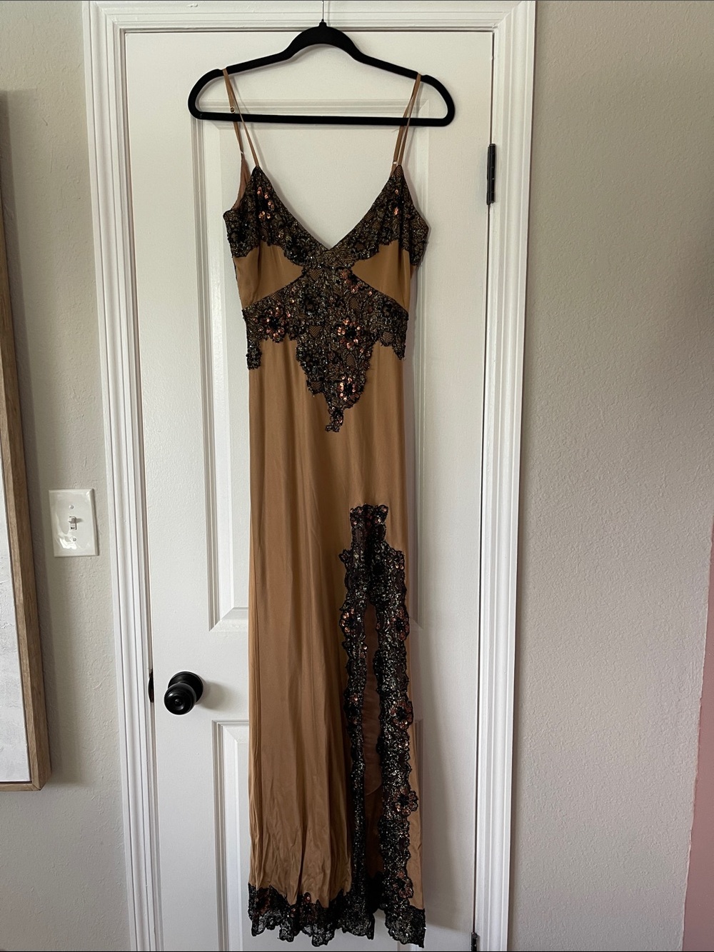 Free People Sequin-Embellished Camel Midi Slip Dress